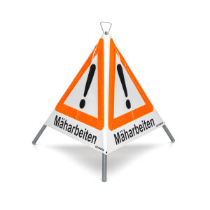 Panneau plié avec symbole davertissement VZ 101 - 70 cm - Travaux de tonte - luminescence diurne